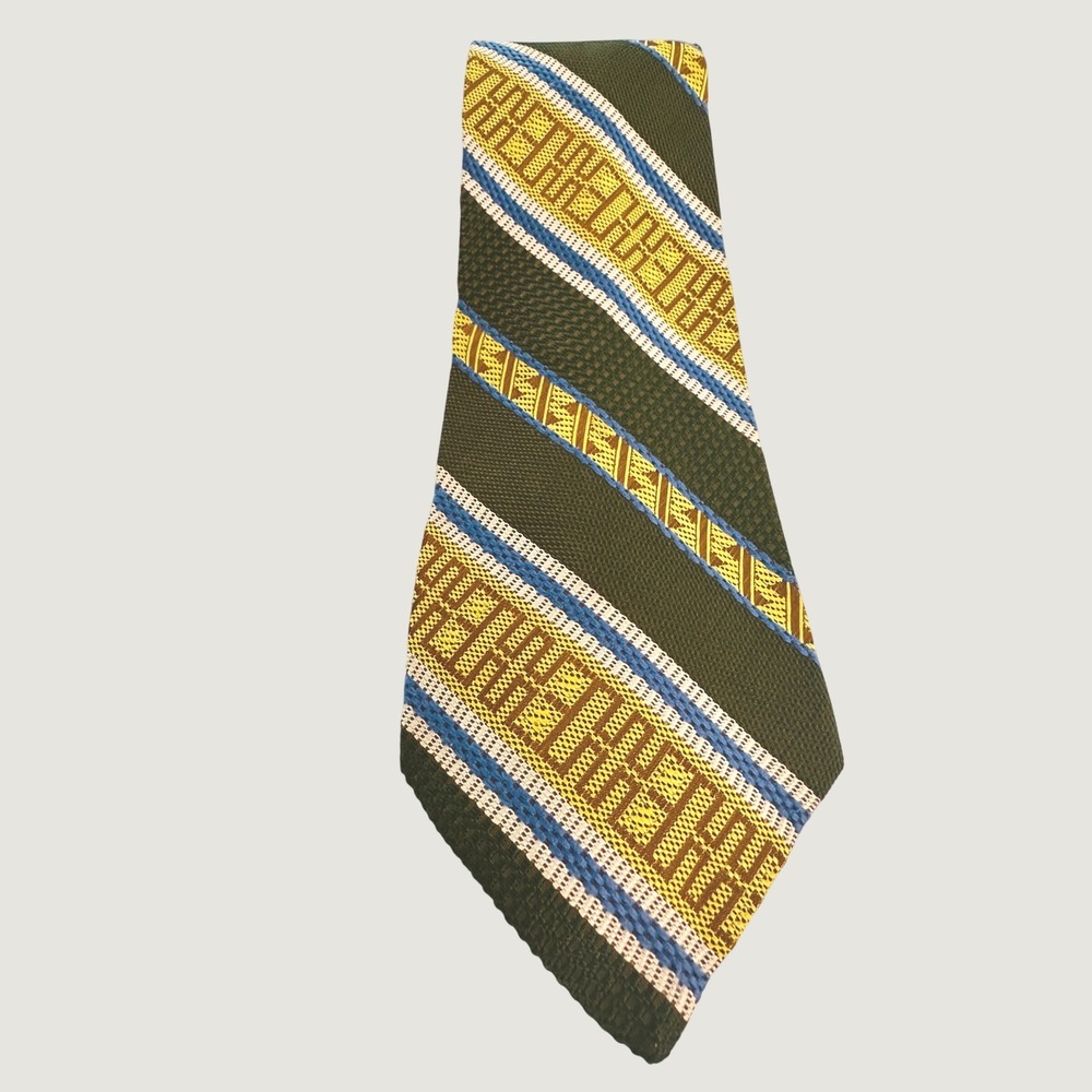 Vintage Chadwick by Wembley Olive Green Mustard Yellow Striped Textured Silk Tie
